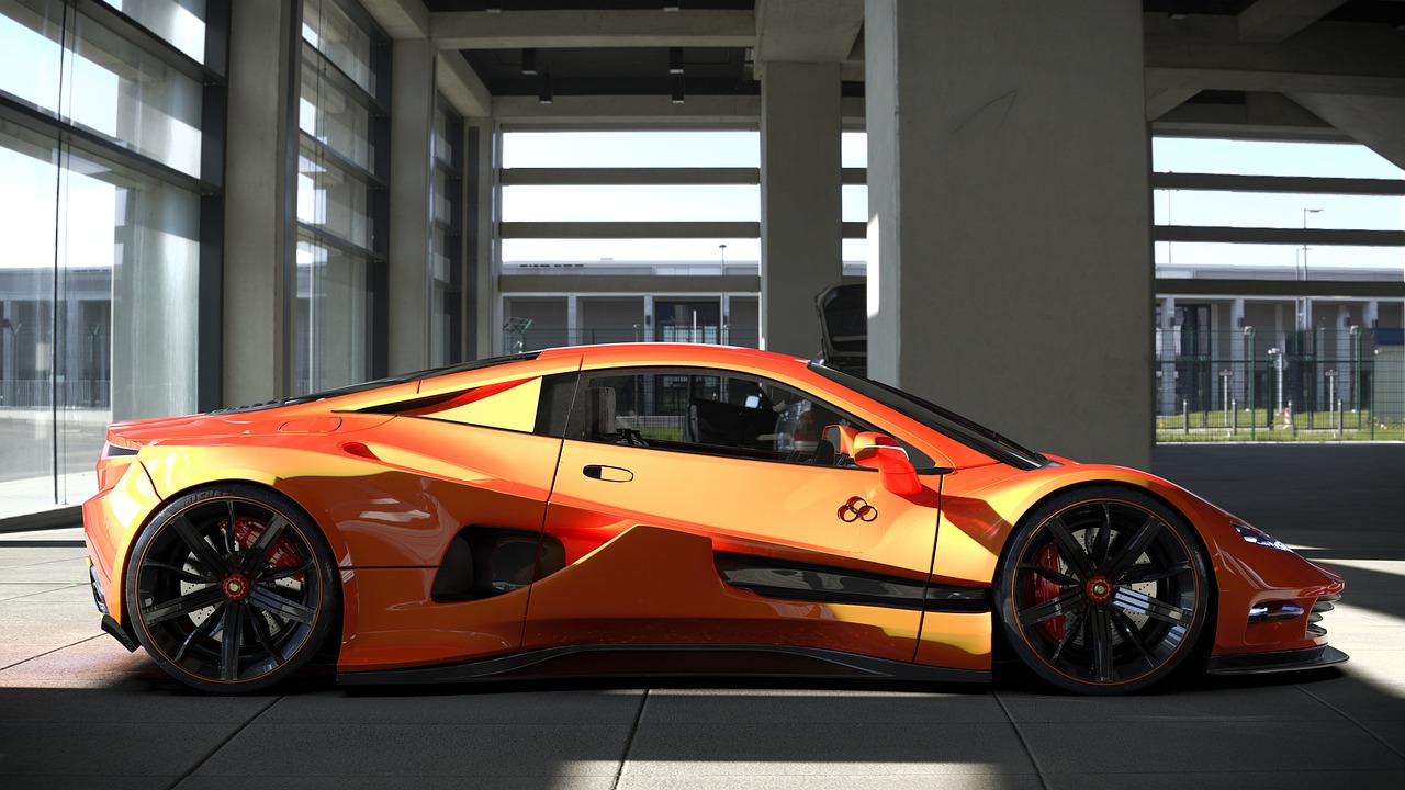 an orange and black sports car parked in a building, a 3D render, cgsociety contest winner, rendered in rtx, orange halo, red shift render, high res render