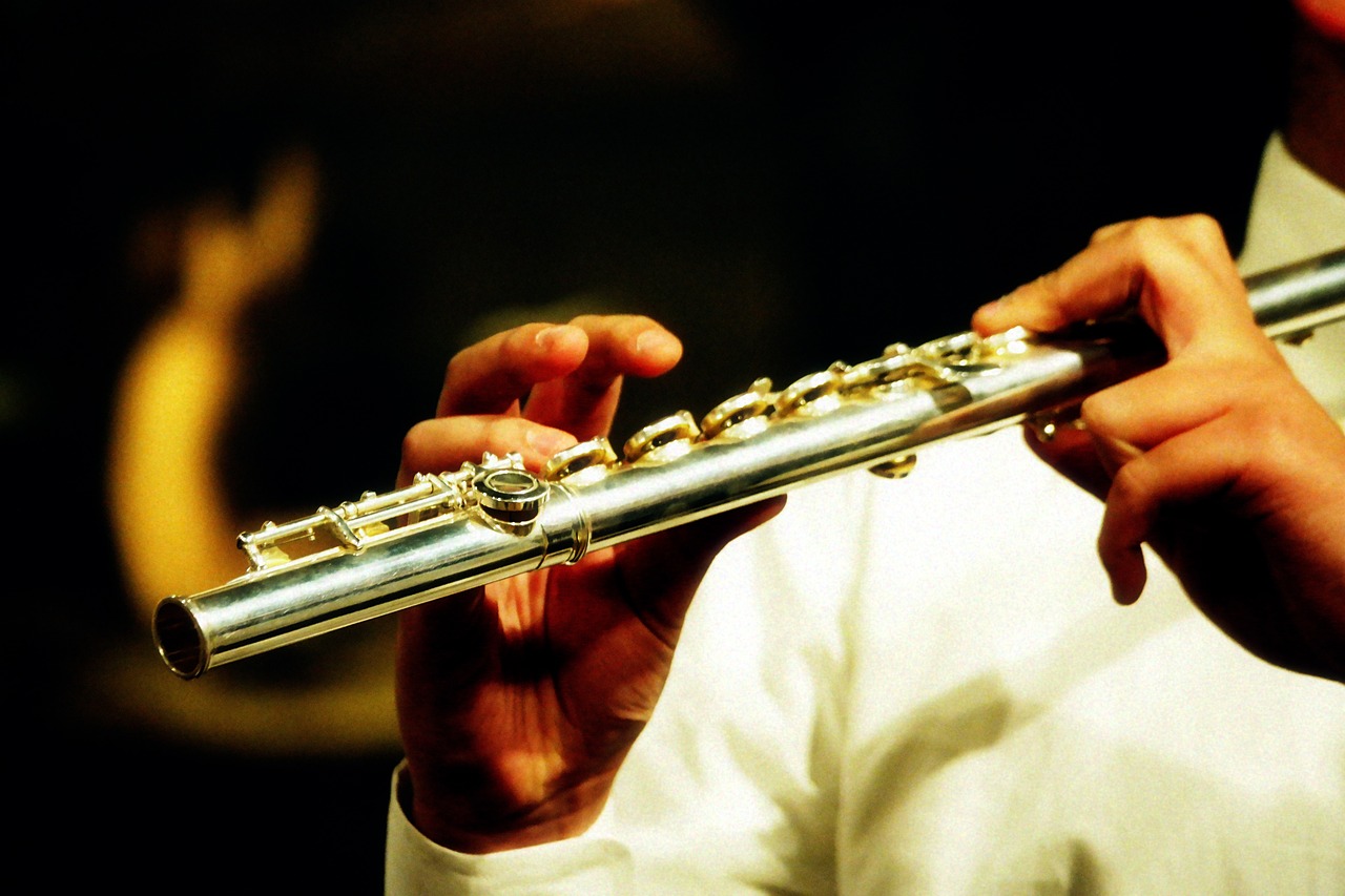 a close up of a person playing a flute, by David Burton-Richardson, musicians playing instruments, shiny silver, recital, high details photo