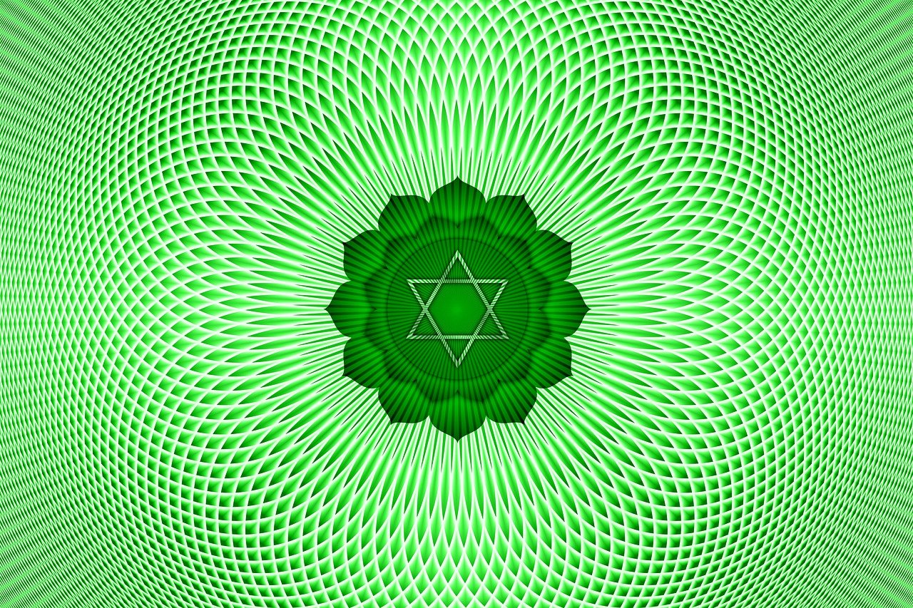 a green flower with a star of david in the center, digital art, op art, chakra diagram, motion, sharp focus vector centered, key is on the center of image