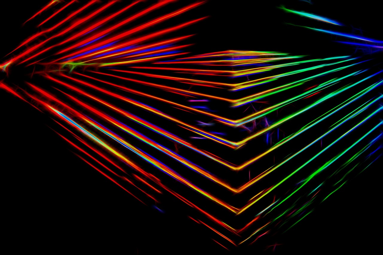 a heart made out of neon lights on a black background, a microscopic photo, inspired by Richard Anuszkiewicz, abstract illusionism, laser beam ; outdoor, light rays. refraction, rainbow neon strips, red laser