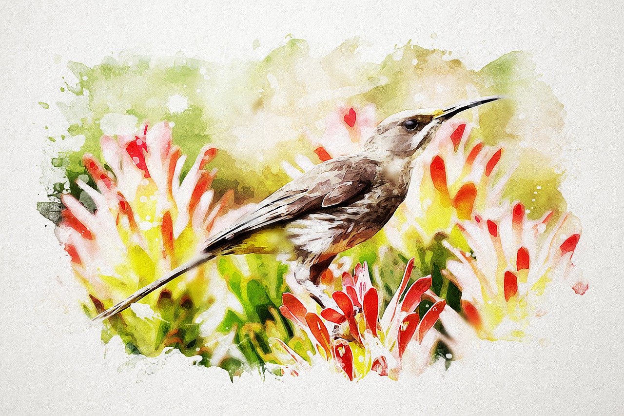a watercolor painting of a bird sitting on a flower, trending on pixabay, bushveld background, ultrawide watercolor, texturized, tourist photo
