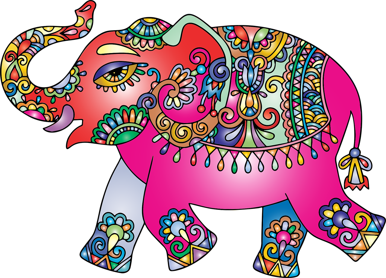 a colorful elephant on a black background, a digital rendering, inspired by Laurel Burch, pixabay, toyism, pig, colored illustration for tattoo, elaborate illustration, asura from chinese myth