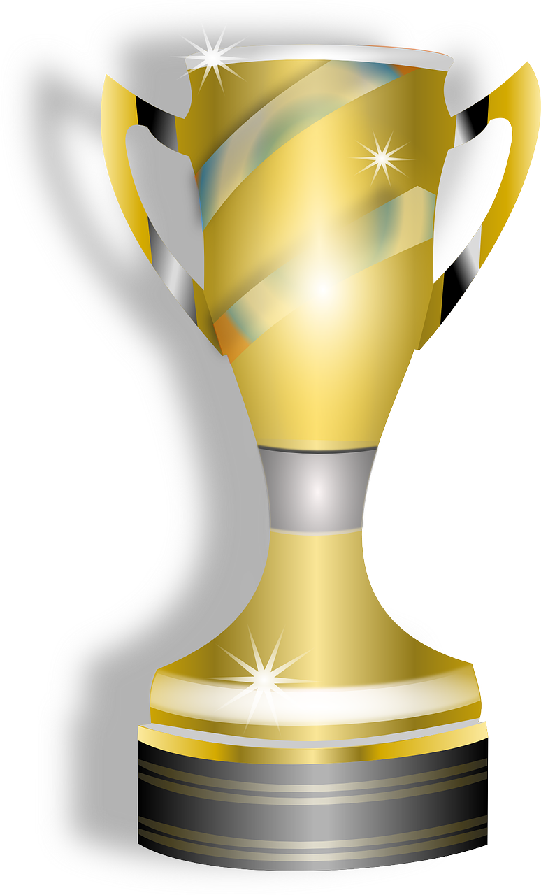 a golden trophy with a ribbon around it, a digital rendering, pixabay contest winner, silver and yellow color scheme, long arm, highly_detailed!!, owo