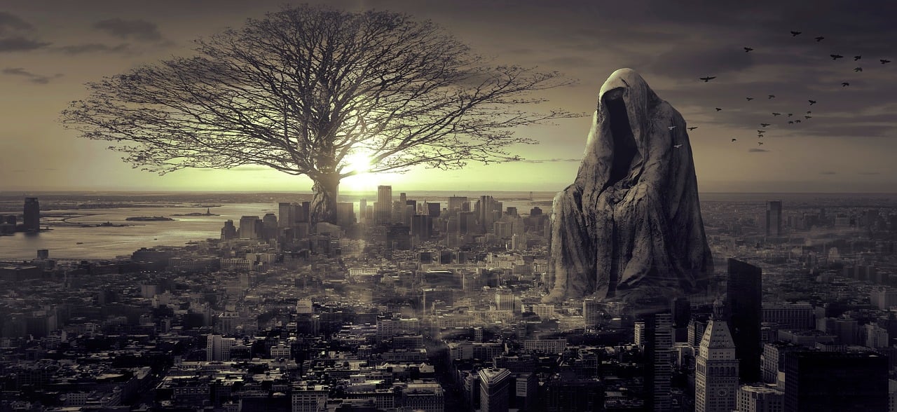 a black and white photo of a tree in the middle of a city, a matte painting, pixabay contest winner, digital art, the grim reaper, looking over city, old humanoid ents, dying earth