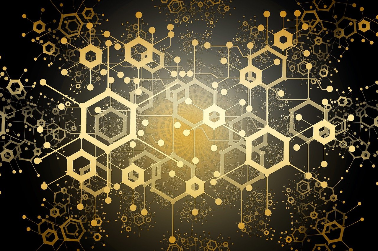 a black and gold abstract background with hexagons, inspired by Buckminster Fuller, generative art, floating molecules, vector images, mandelbulber vector art