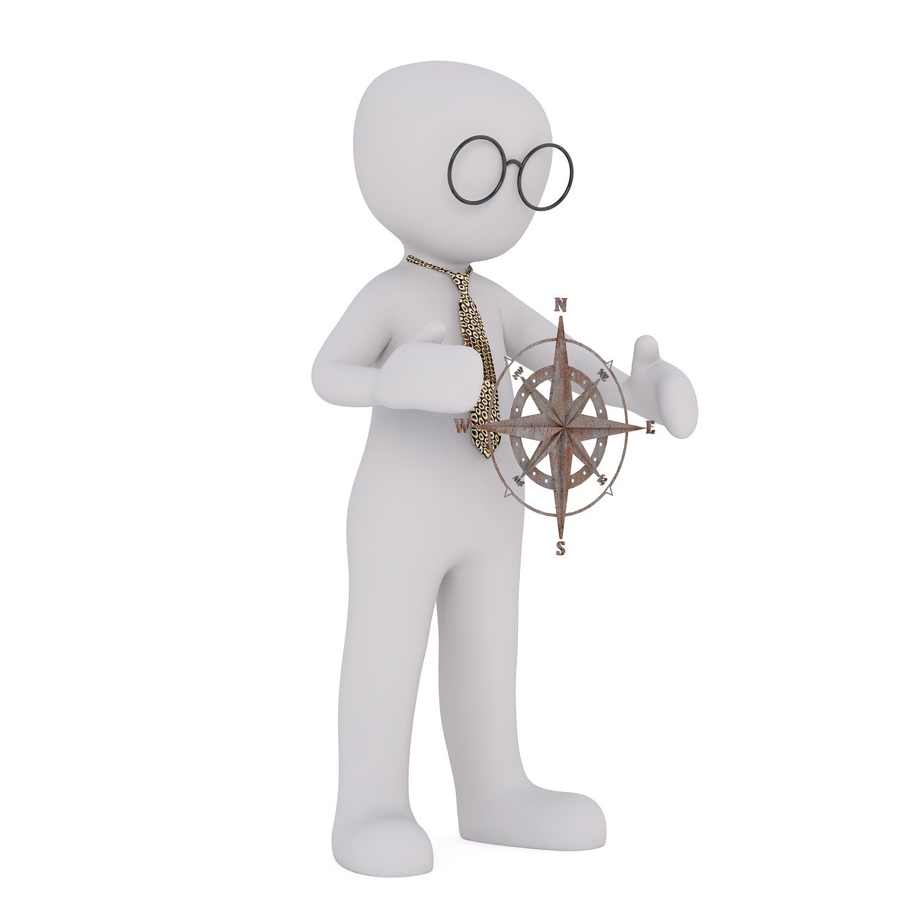 a person with glasses and a tie holding a steering wheel, inspired by William Gear, all white render, compass, maritime, thinking pose