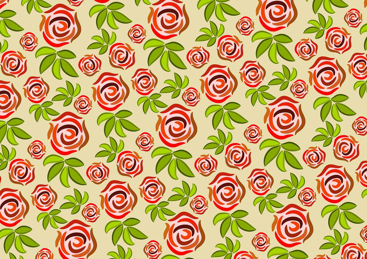 a pattern of roses and leaves on a beige background, vector art, some red and yellow, clean cel shaded vector art, shiny background, green and orange theme