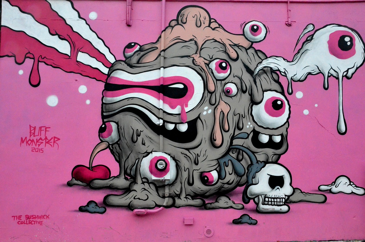 a graffiti painted on the side of a building, graffiti art, by Derf, tumblr, pink angry bubble, doom monster, hyper detail illustration, steam punk grafitti
