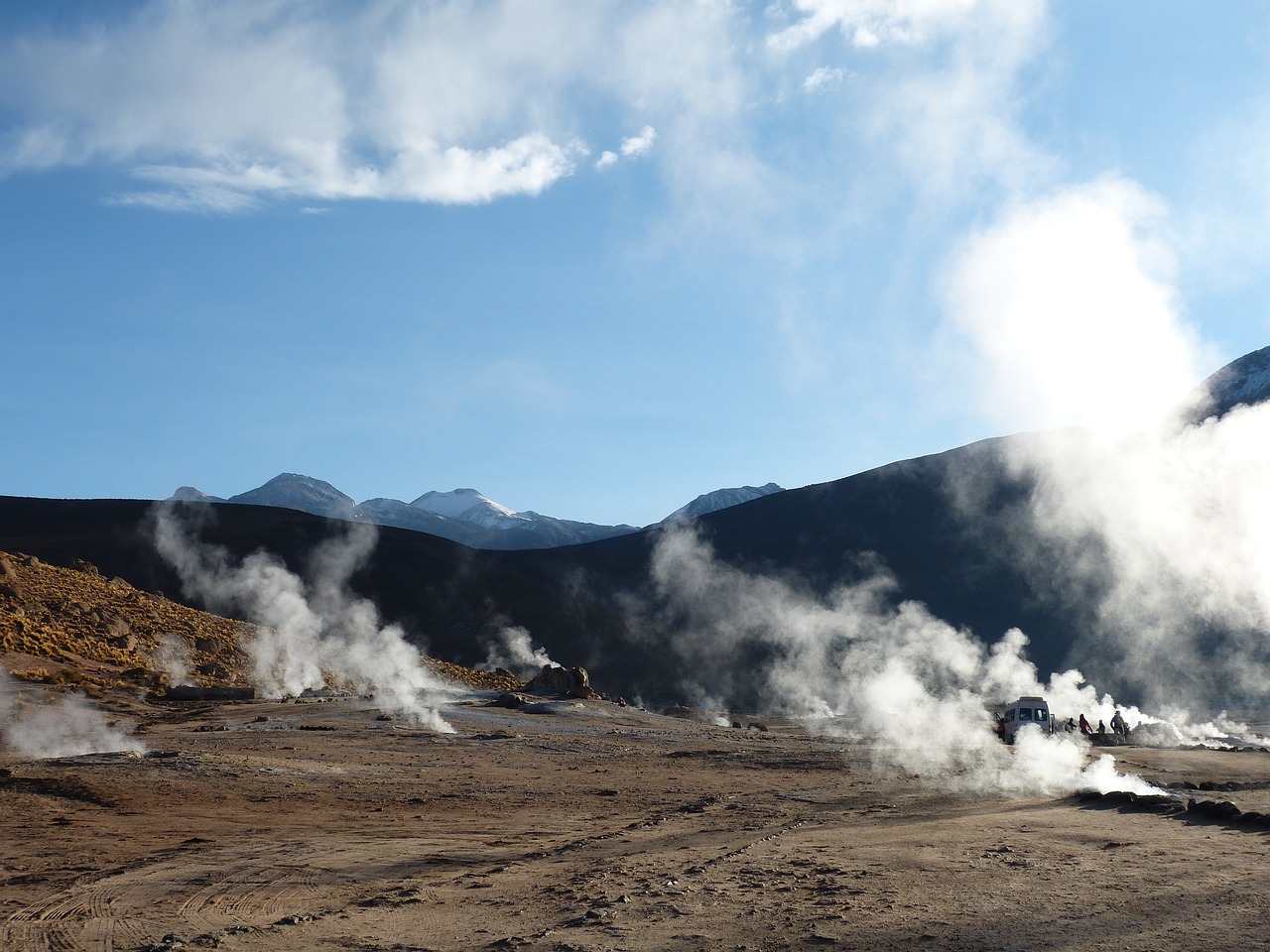 a group of people standing on top of a dirt field, by Matteo Pérez, flickr, geysers of steam, andes, closeup!!, onsen