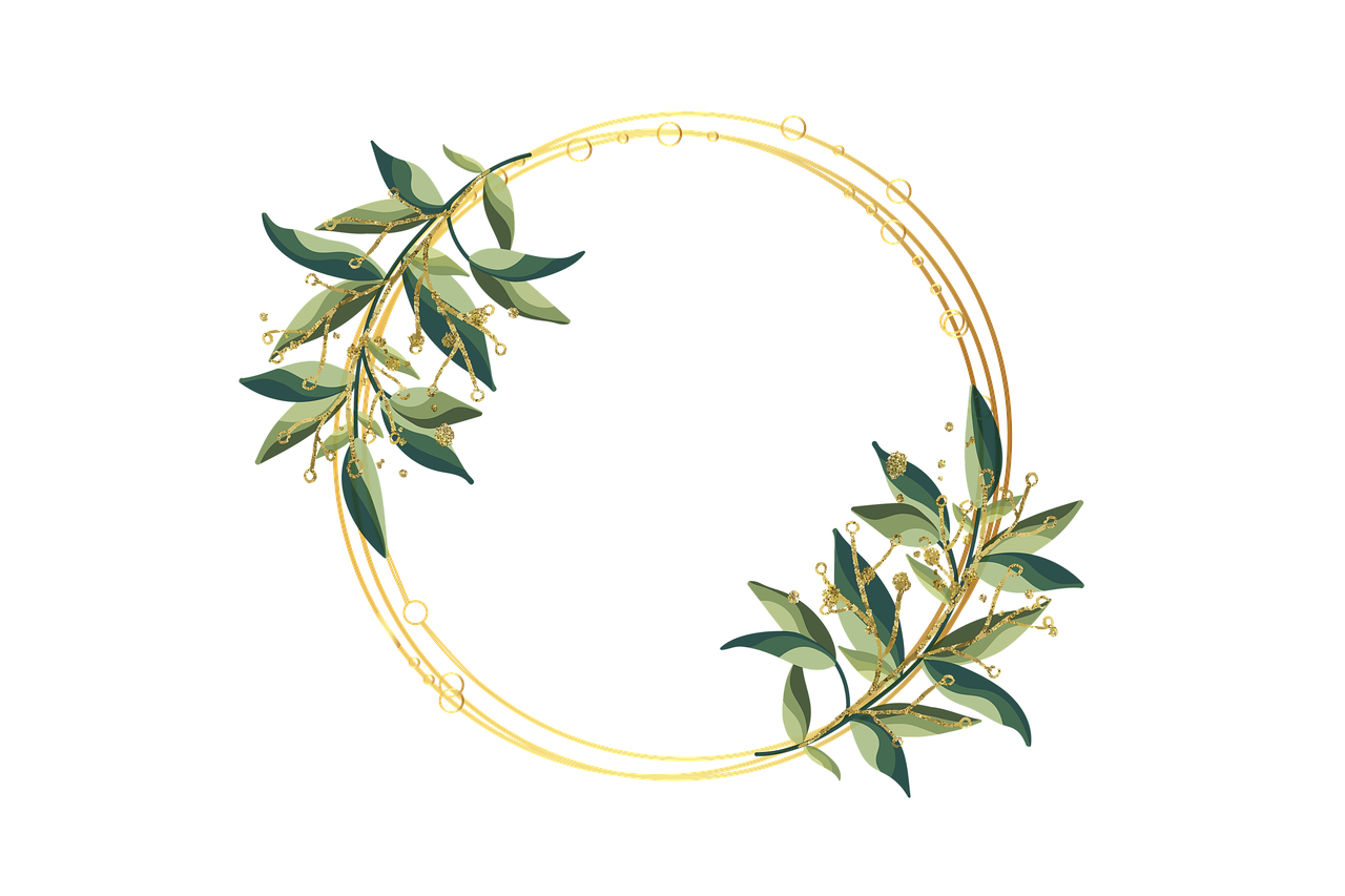 a gold wreath with green leaves on a black background, a digital rendering, pixabay, art nouveau, gold rings, delicate embellishments, enamel, thorn background. d&d