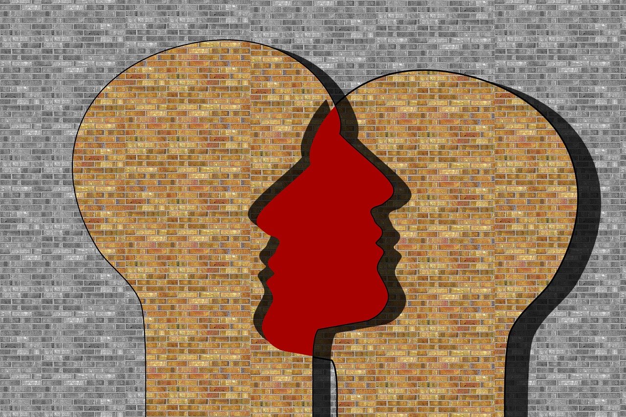 a man and a woman face to face in front of a brick wall, inspired by Wes Wilson, abstract illusionism, face photo, art illustration, speech, journalism photo
