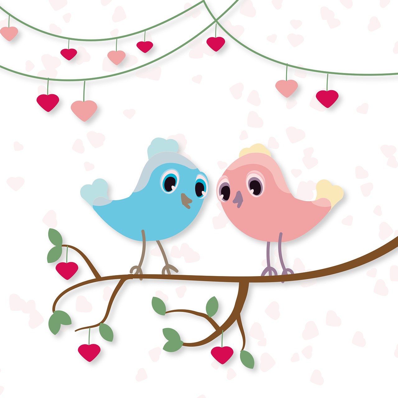 a couple of birds sitting on top of a tree branch, an illustration of, romanticism, kawaii, intertwined full body view, hearts, celebration