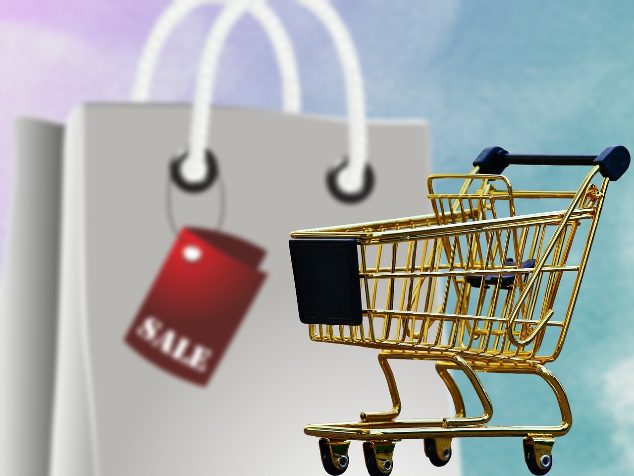 a shopping cart with a price tag hanging from it, by Wayne England, shutterstock, digital art, mall background, ebay listing thumbnail, bag, cinematic still