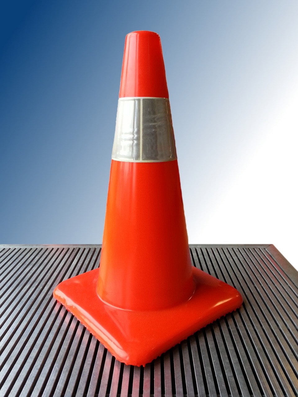a traffic cone sitting on top of a metal table, a digital rendering, shutterstock, plasticien, maintenance photo, high details!, building anticipation, sunday afternoon