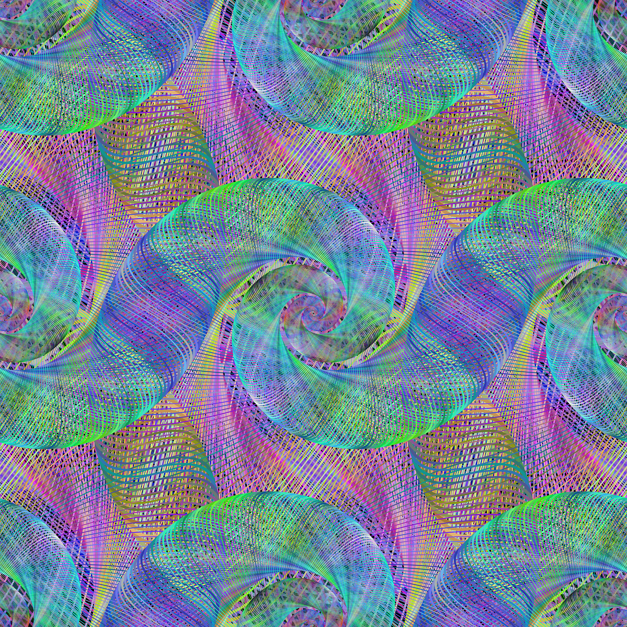 a multicolored background with a spiral design, inspired by Lorentz Frölich, detailed grid as background, iridiscent fabric, lime and violet, repeat pattern