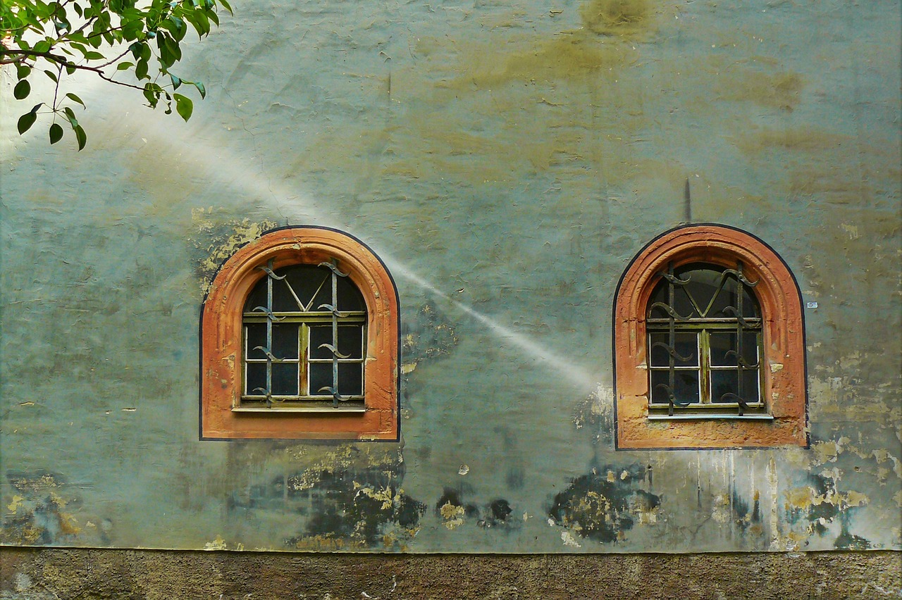 a building with two windows and a fire hydrant, a photo, by Carl Rahl, pixabay, graffiti, sweeping arches, faded!, closeup photo, before a stucco wall