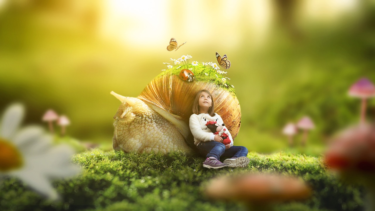 a little girl that is sitting on a snail, a picture, inspired by Alexander Jansson, shutterstock contest winner, plushie photography, sunny day in the forrest, high quality fantasy stock photo