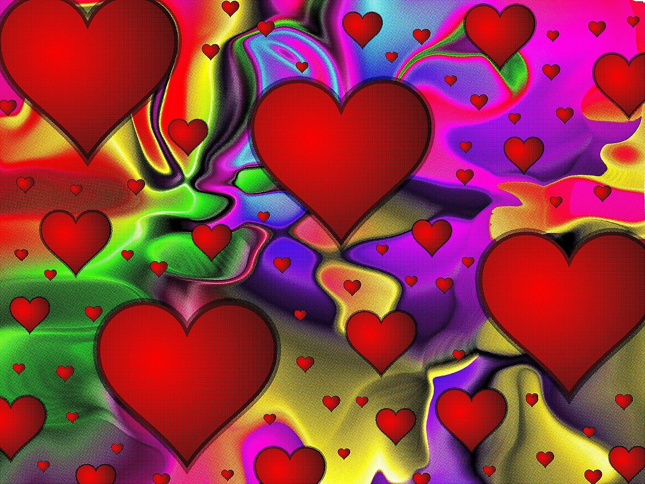 a bunch of red hearts on a colorful background, digital art, flickr, computer art, lsd waves, stained glass background, silk, cupid