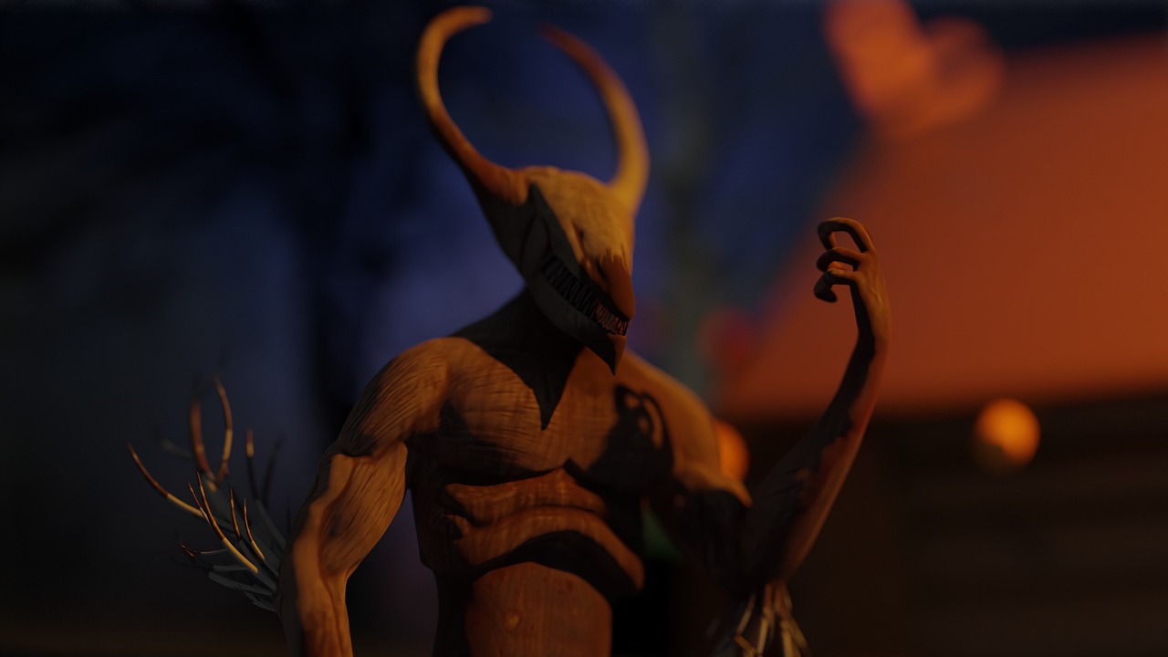 a close up of a figurine of a man with horns, by Maxwell Bates, polycount contest winner, digital art, still from animated horror movie, fire demon, evil standing smiling pose, abstract claymation