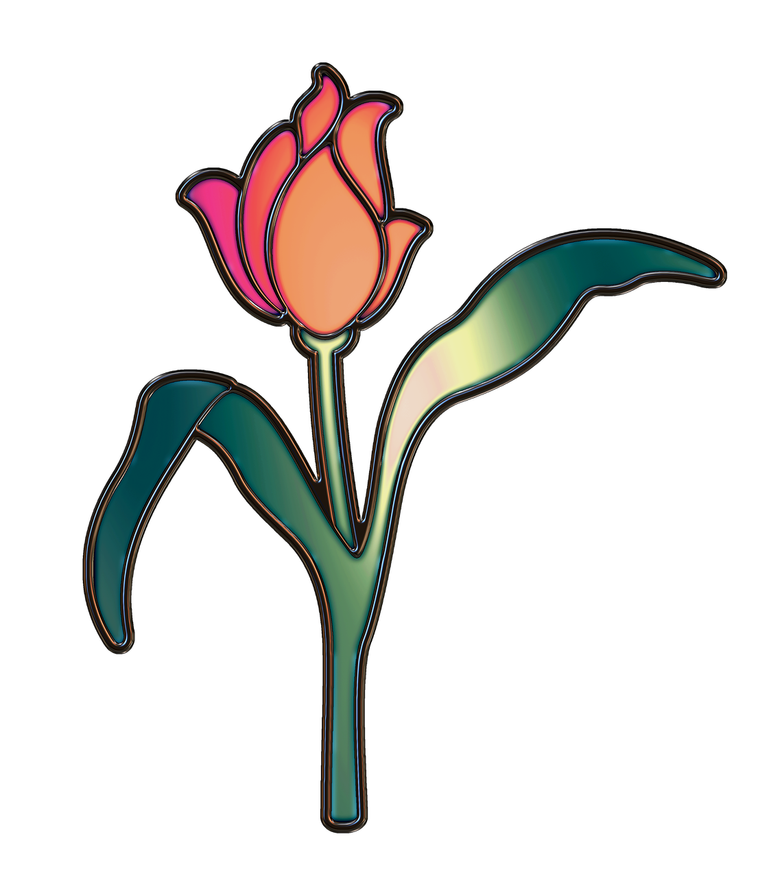 a pink flower with green leaves on a black background, a digital painting, by Andrei Kolkoutine, art nouveau, tulip, pink and orange neon lights, with gradients, stained glass style