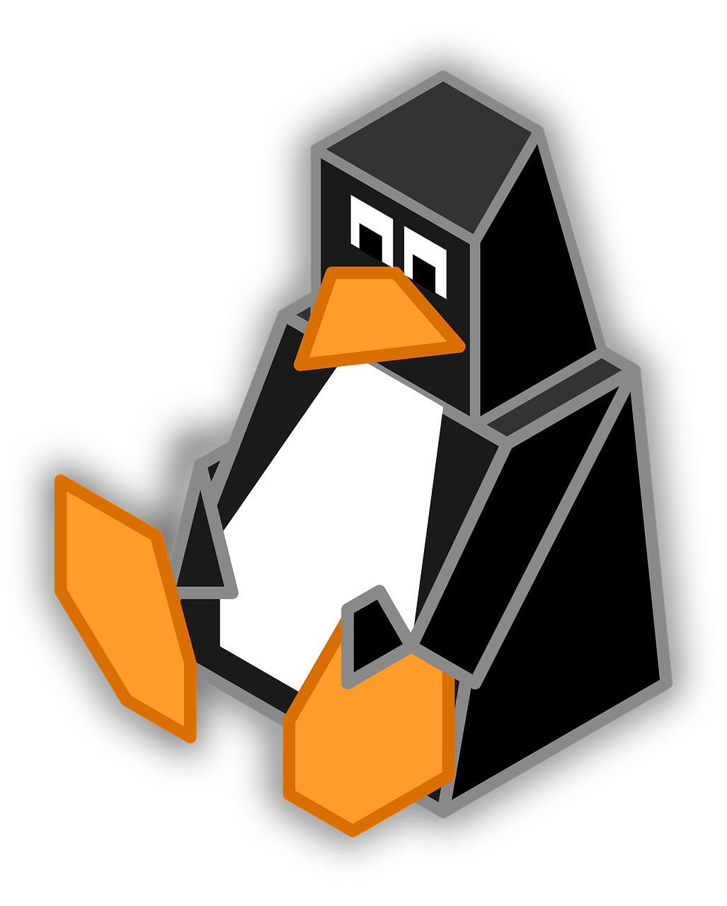 a penguin sitting in front of a computer, a low poly render, by David Budd, pixel art, black and orange, high angle close up shot, cubist, blocks