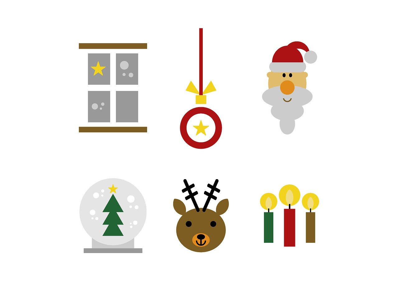 a set of christmas icons on a white background, inspired by Ernest William Christmas, minimalism, windows and walls :5, flat illustration, :6, inside