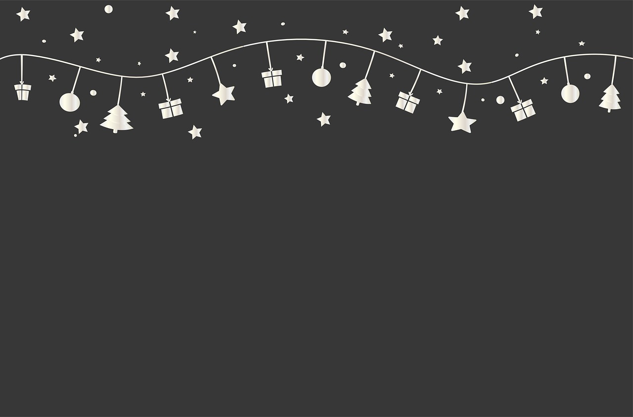 a black and white christmas background with presents and stars, trending on shutterstock, newton's cradle, glowforge template, on a flat color black background, hanging rope