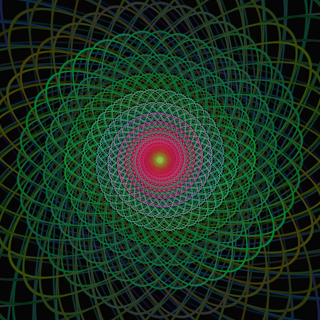 a green and red spiral design on a black background, a digital rendering, inspired by Lorentz Frölich, yantra, forcefield, golden ratio illustration, orbital graphical lines