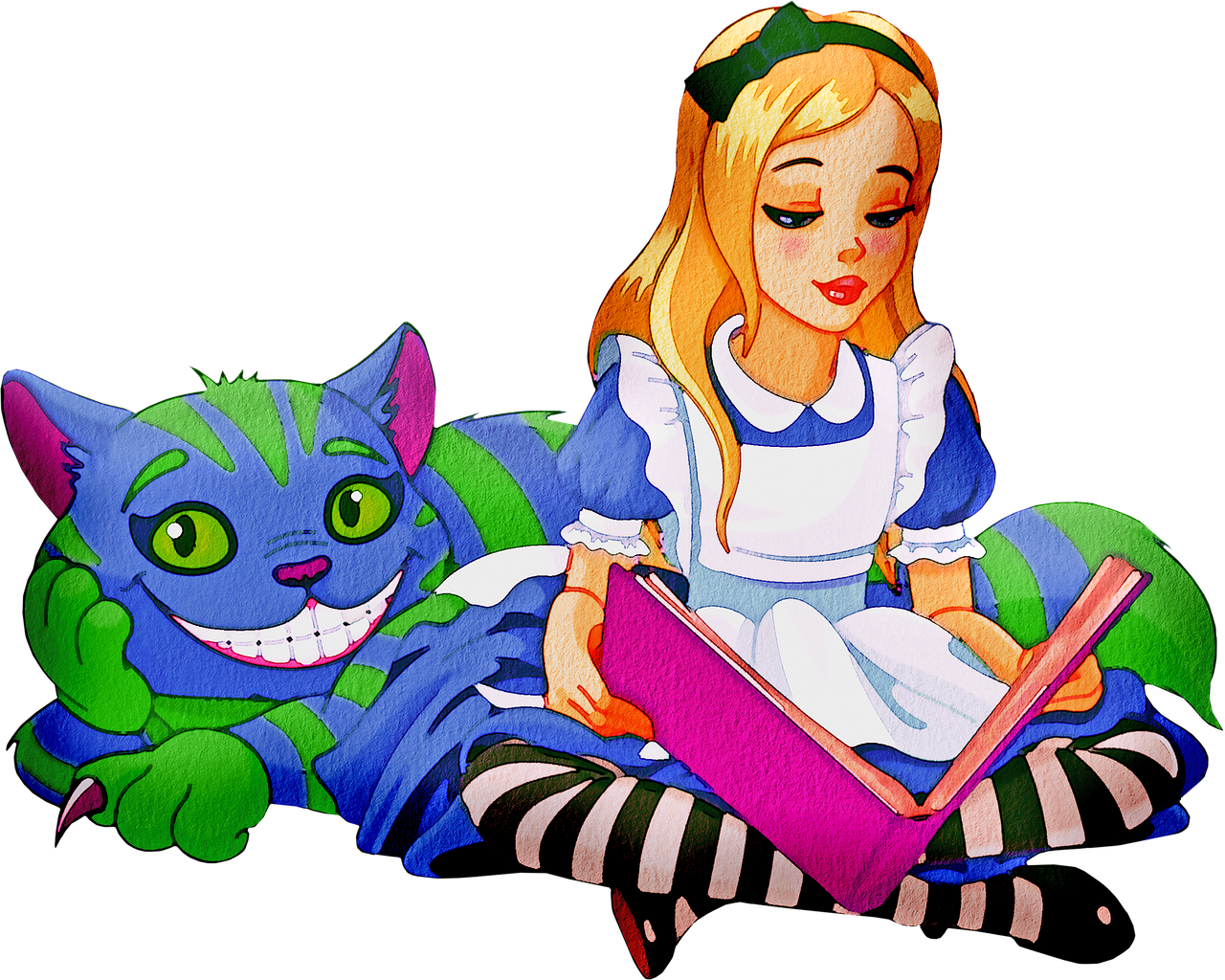 a woman sitting on top of a couch next to a cat, a storybook illustration, inspired by Alice Prin, tumblr, ¯_(ツ)_/¯, alice in wonderland 3 d, art nouveaux colored, banner
