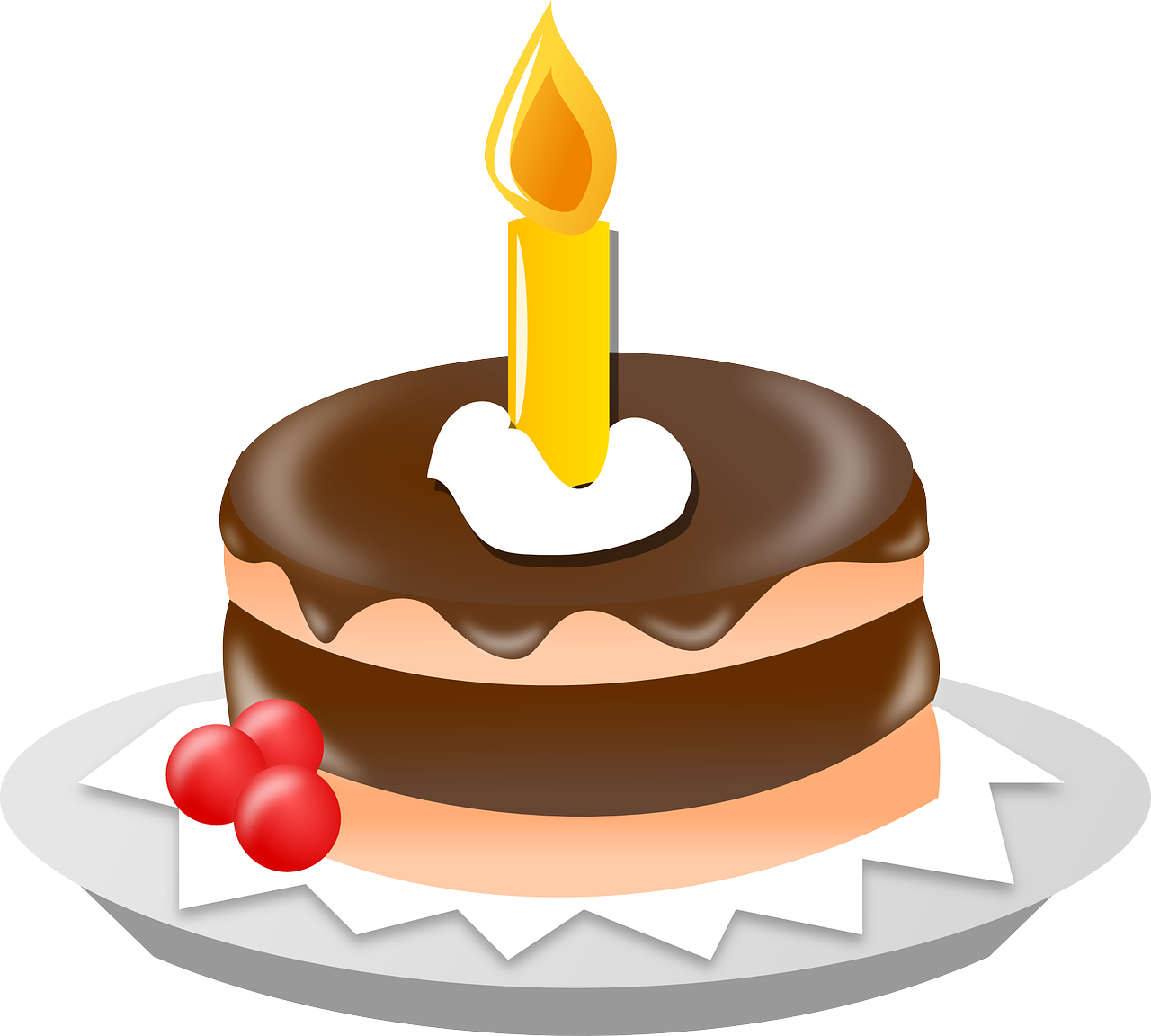 a chocolate cake with a candle on top of it, figuration libre, with a long, svg illustration, celebration, on a plate