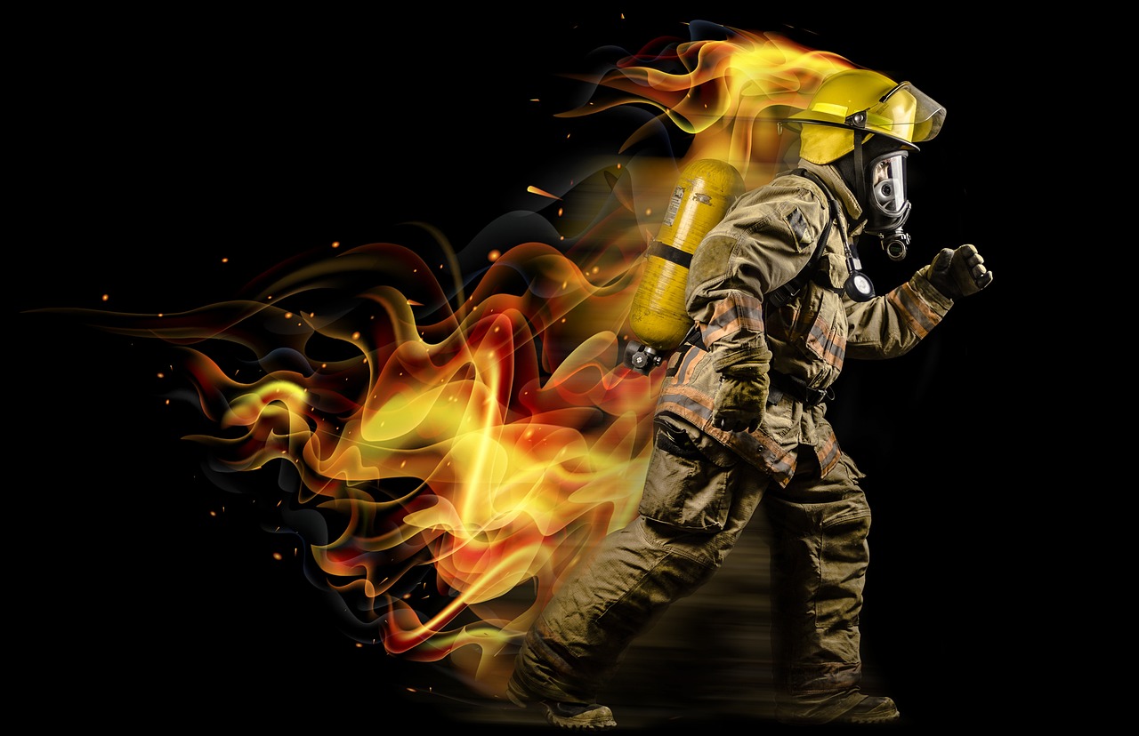 a firefighter wearing a gas mask and holding a fire hose, digital art, shutterstock, background image, wallpaper - 1 0 2 4, wearing tumultus flames, high exposure photo