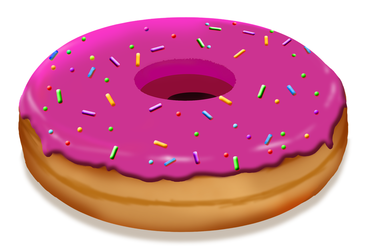 a pink frosted donut with sprinkles, a digital painting, pixabay, 3 d vector, with a black background, background image, full body close-up shot
