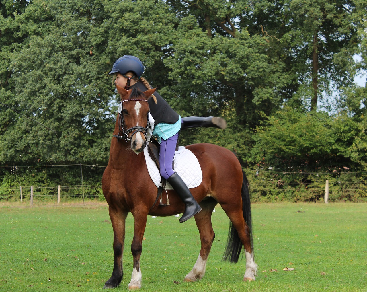 a young girl riding on the back of a brown horse, inspired by Sir Alfred Munnings, pixabay, confident stance, green mane, taken on a 2010s camera, perfect dynamic posture