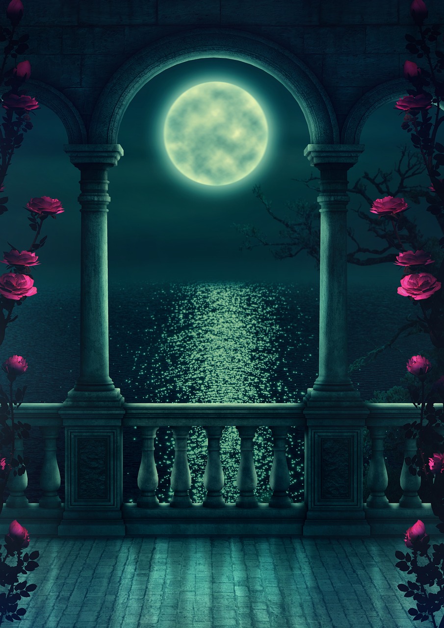 a balcony with roses and a full moon, a matte painting, ornate sea background, pillar, magical composition, edited
