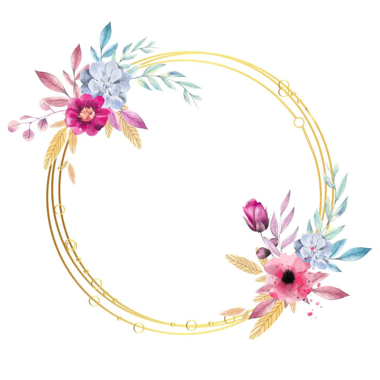 a wreath of flowers on a black background, a digital rendering, gold gilded circle halo, blue and pink accents, beautiful frames, gold rings
