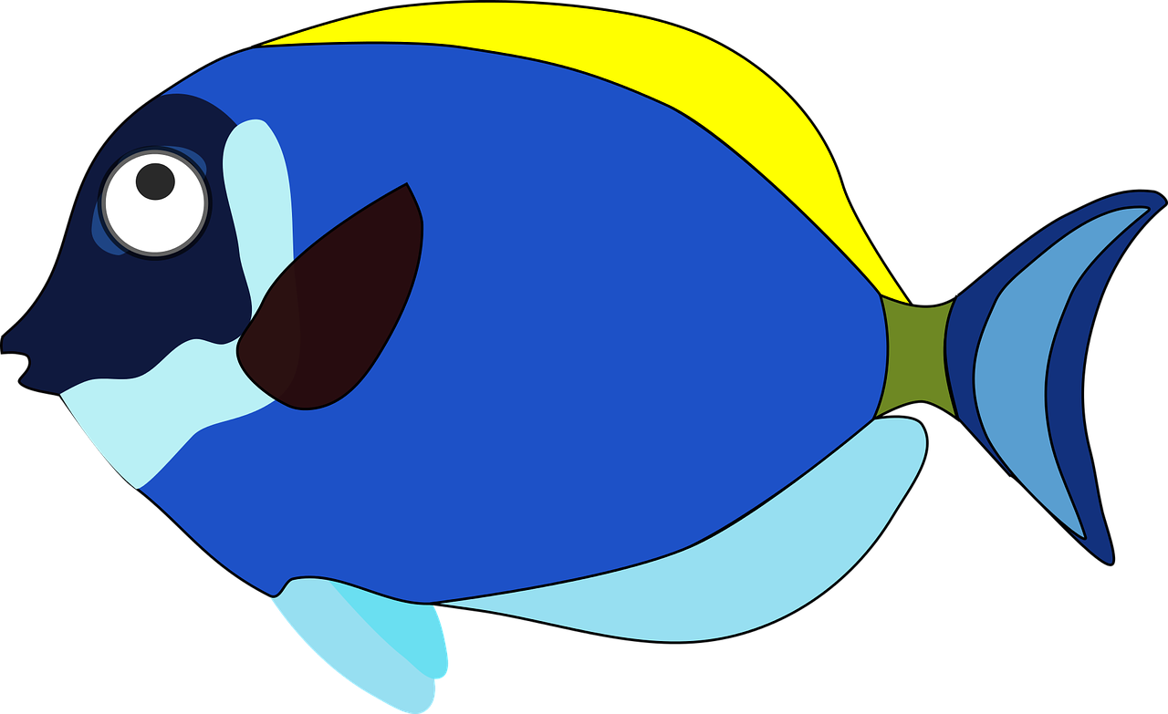 a blue and yellow fish on a black background, a raytraced image, inspired by Alfred Manessier, mingei, style of disney animation, cel-shaded:17, animation pixar style, full res