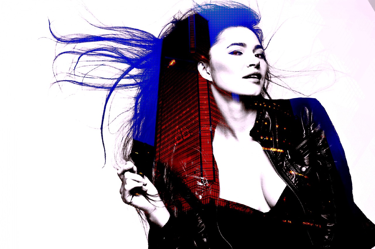 a woman with blue hair holding a comb, by Galen Dara, digital art, skyscraper, gong li, she wears leather jacket, posterized color