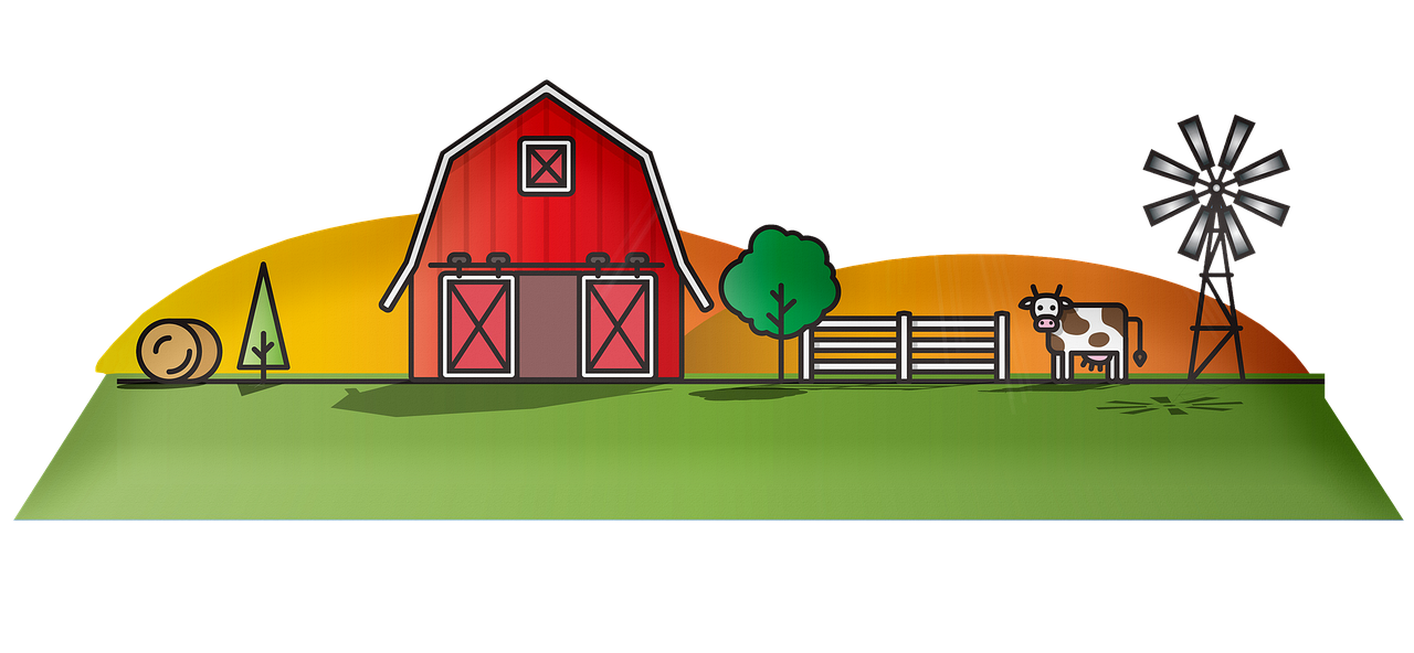 a red barn sitting on top of a lush green field, a digital rendering, by Jim Davis, pixabay, naive art, on black background, volley court background, 💋 💄 👠 👗, petting zoo
