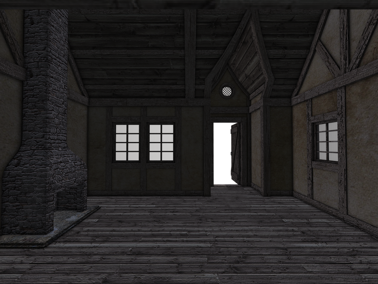 a room with a fireplace in the middle of it, an ambient occlusion render, digital art, medieval cottage interior, dark alley, wooden house, 3rd person view