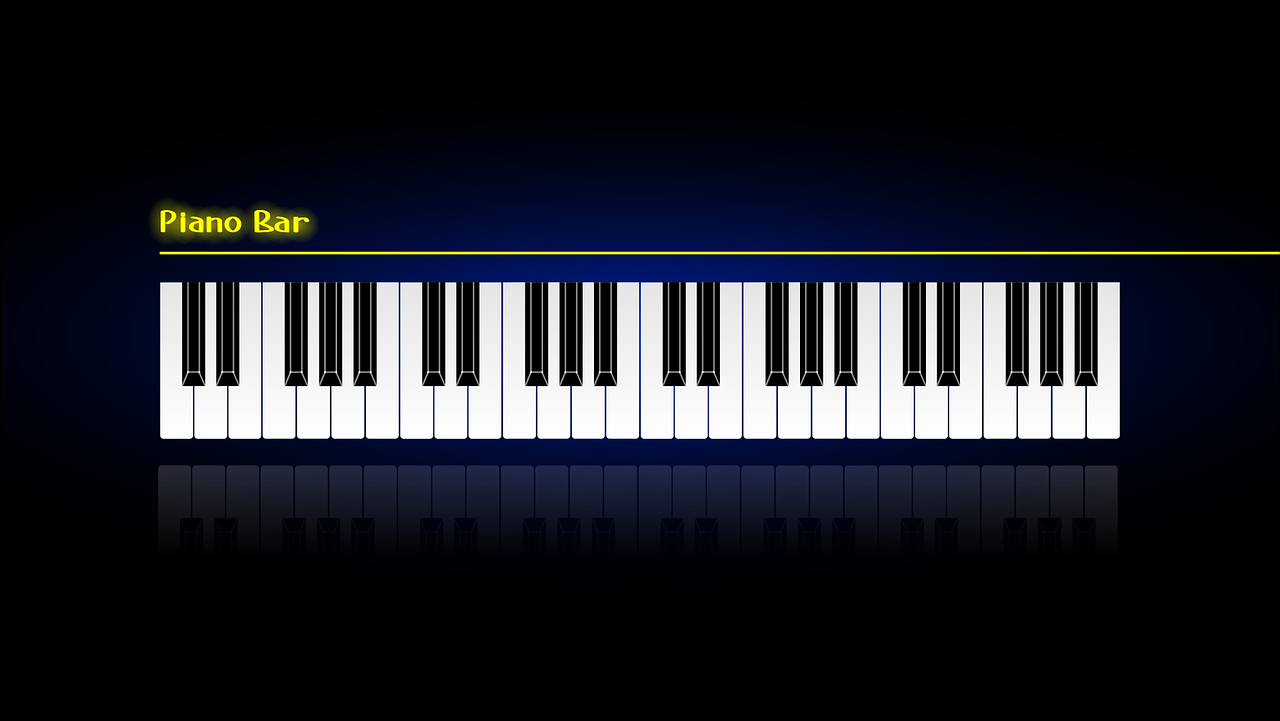 a close up of a piano keyboard on a blue background, an illustration of, !!! very coherent!!! vector art, beautiful black blue yellow, wide screenshot, star