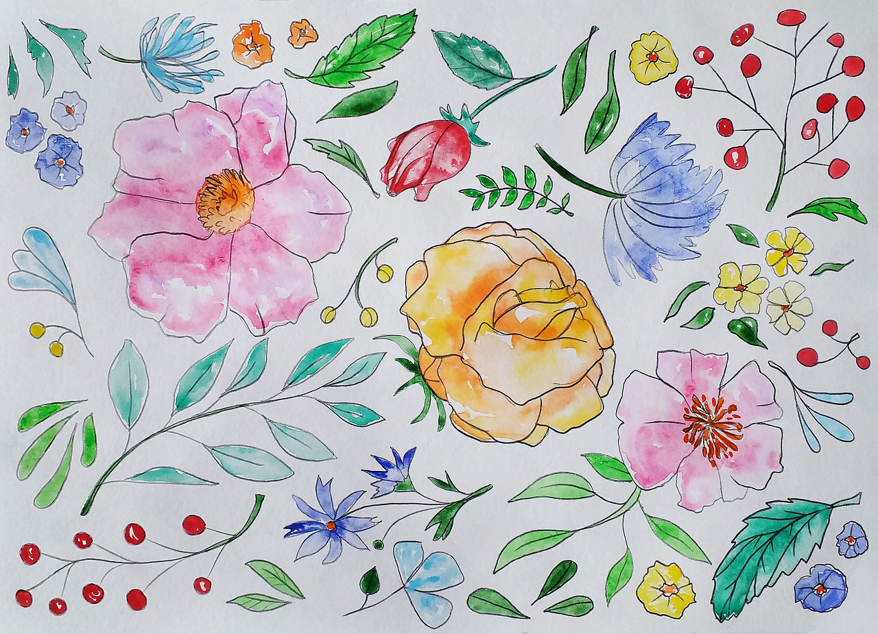 a drawing of a bunch of flowers on a sheet of paper, a watercolor painting, inspired by Maksimilijan Vanka, pexels, summer color pattern, coloring book page, lots of elements, ((water color))