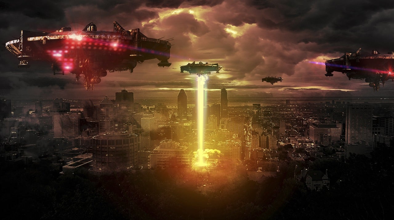 a group of spaceships flying over a city, a matte painting, inspired by Paul Lehr, dystopian lighting, dogfighting a ufo with lasers, movie promotional image, abduction