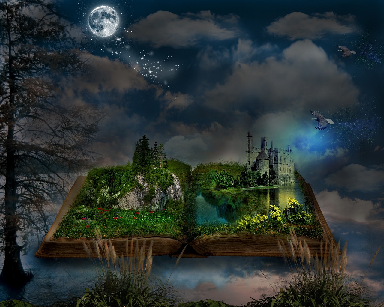 an open book sitting on top of a lush green field, a storybook illustration, inspired by Alexander Jansson, magical realism, mid shot photo, nighttime foreground, very detailed photo, vacation photo