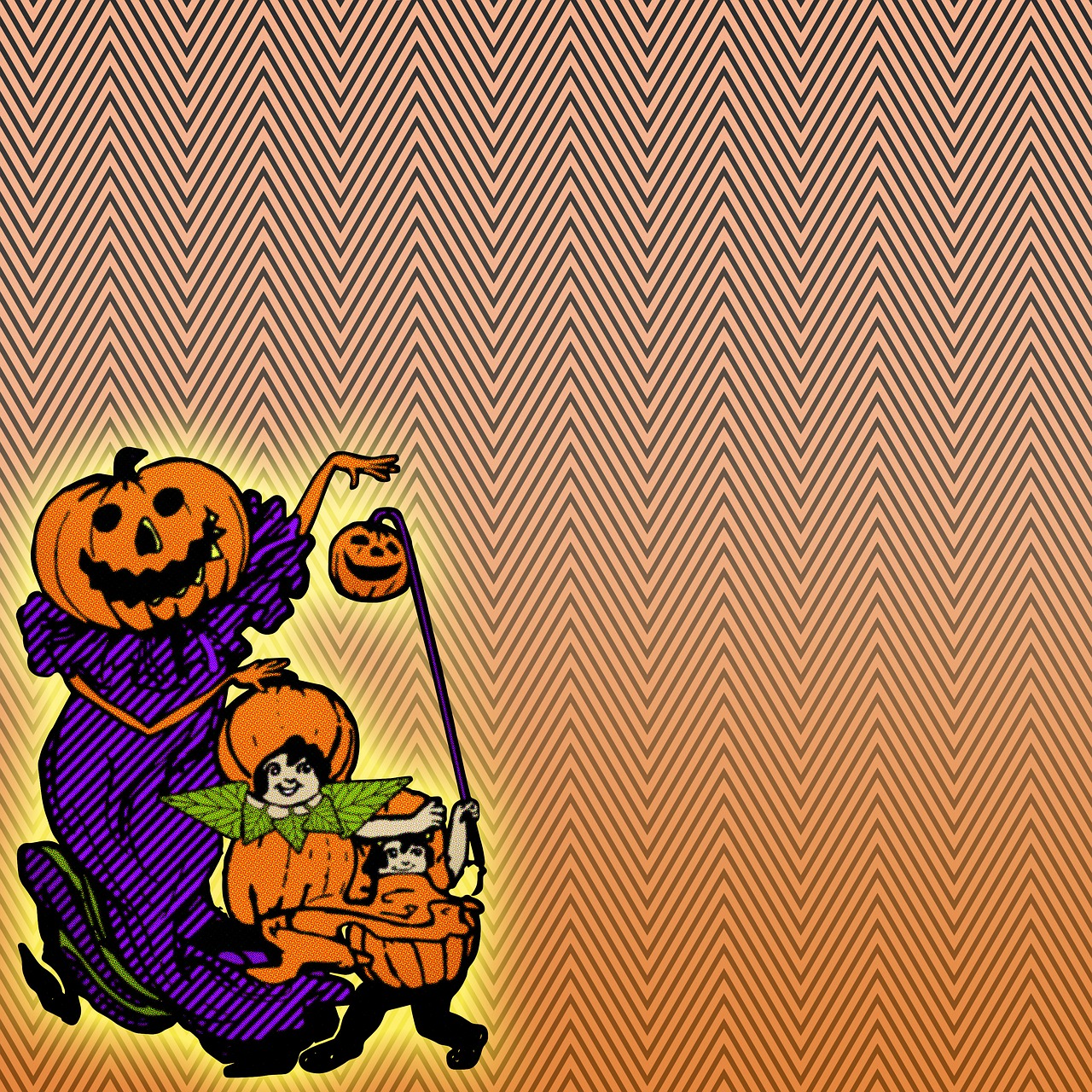 a couple of pumpkins sitting next to each other, a digital rendering, by Loren Munk, sōsaku hanga, retro comic art style, carnival background, toddler, graphic 4 5