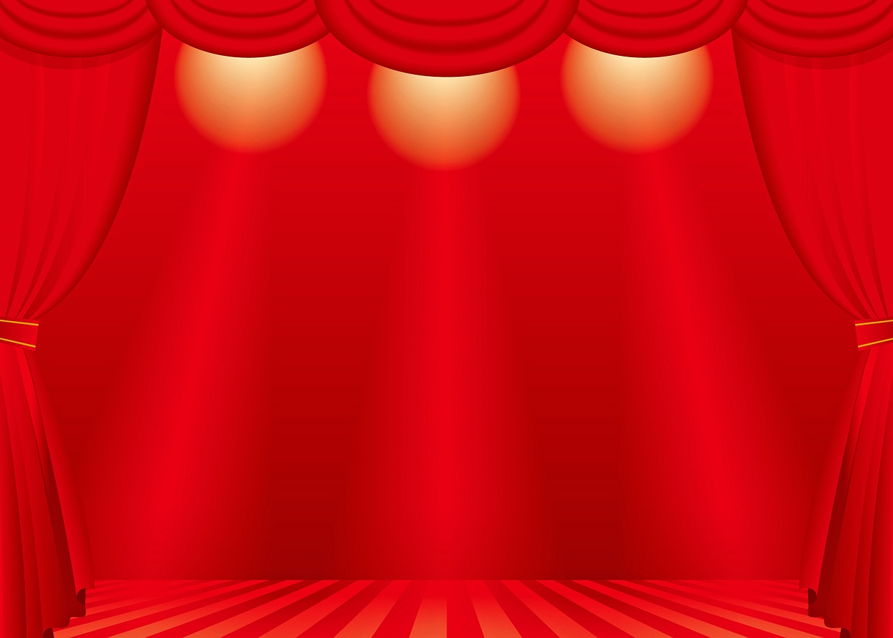 a stage with red curtains and spotlights, a picture, by Nishida Shun'ei, minimalism, no gradients, festive atmosphere, red facial stripe, central shot