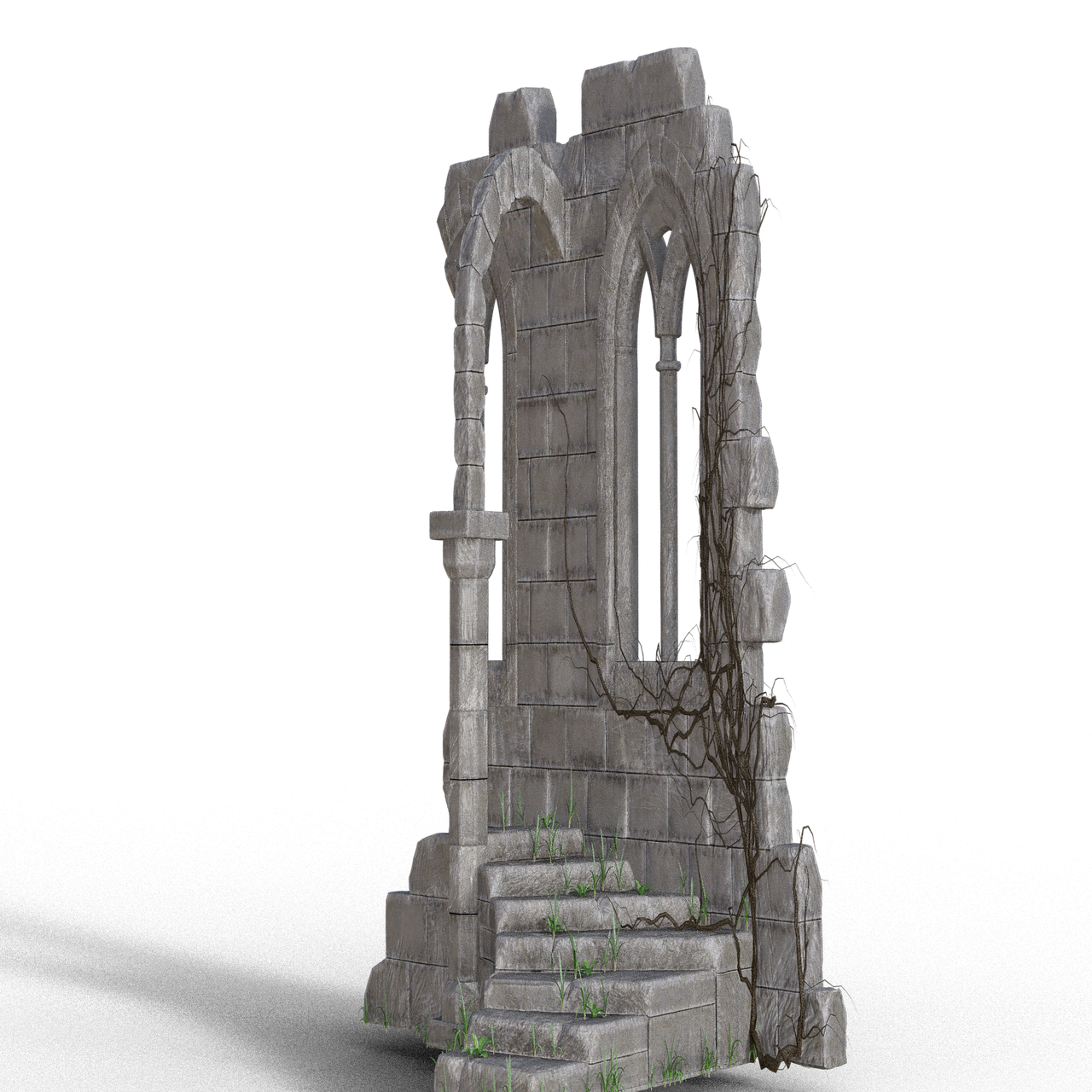 a stone arch with vines growing out of it, an ambient occlusion render, romanesque, broken throne, old stone steps, gothic epic library concept, tower