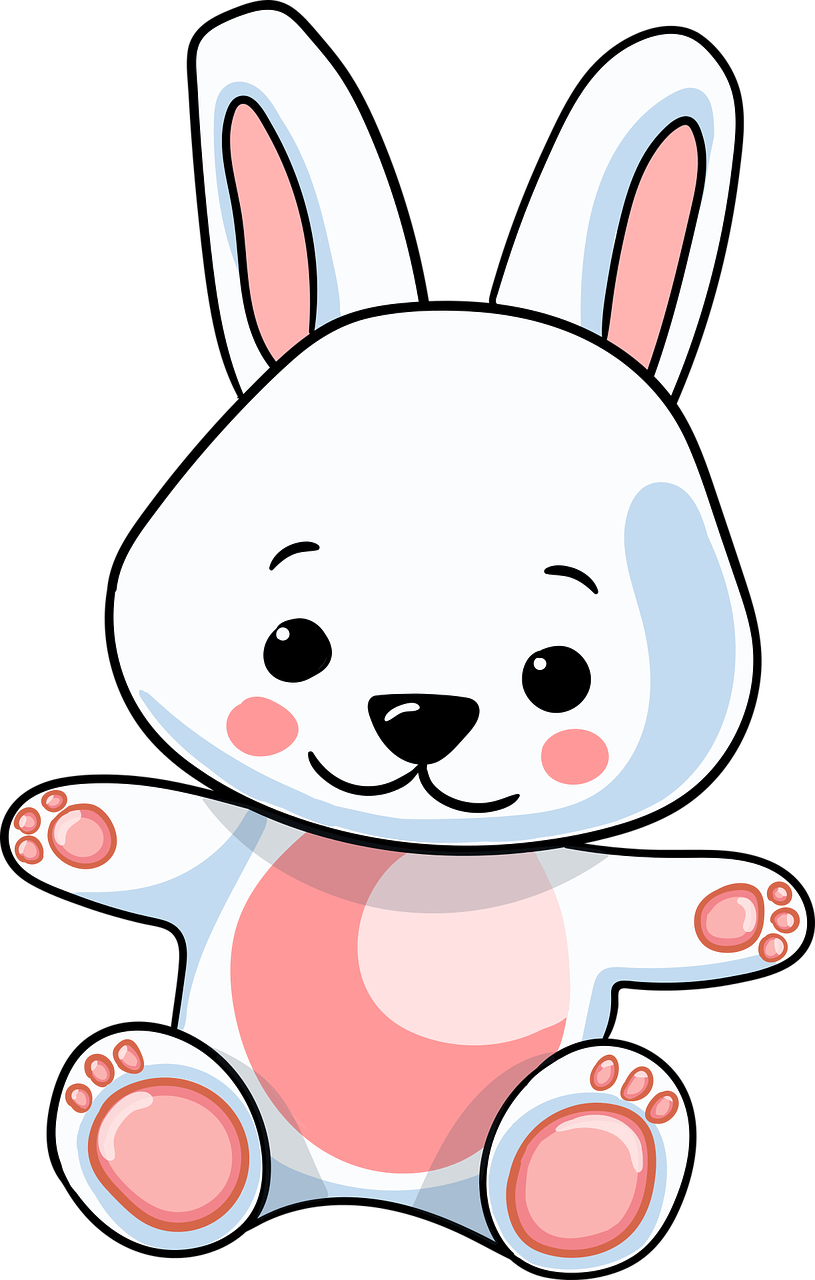 a white and pink bunny sitting in front of a black background, vector art, sōsaku hanga, toy, cartoon image, closeup of an adorable, rotating