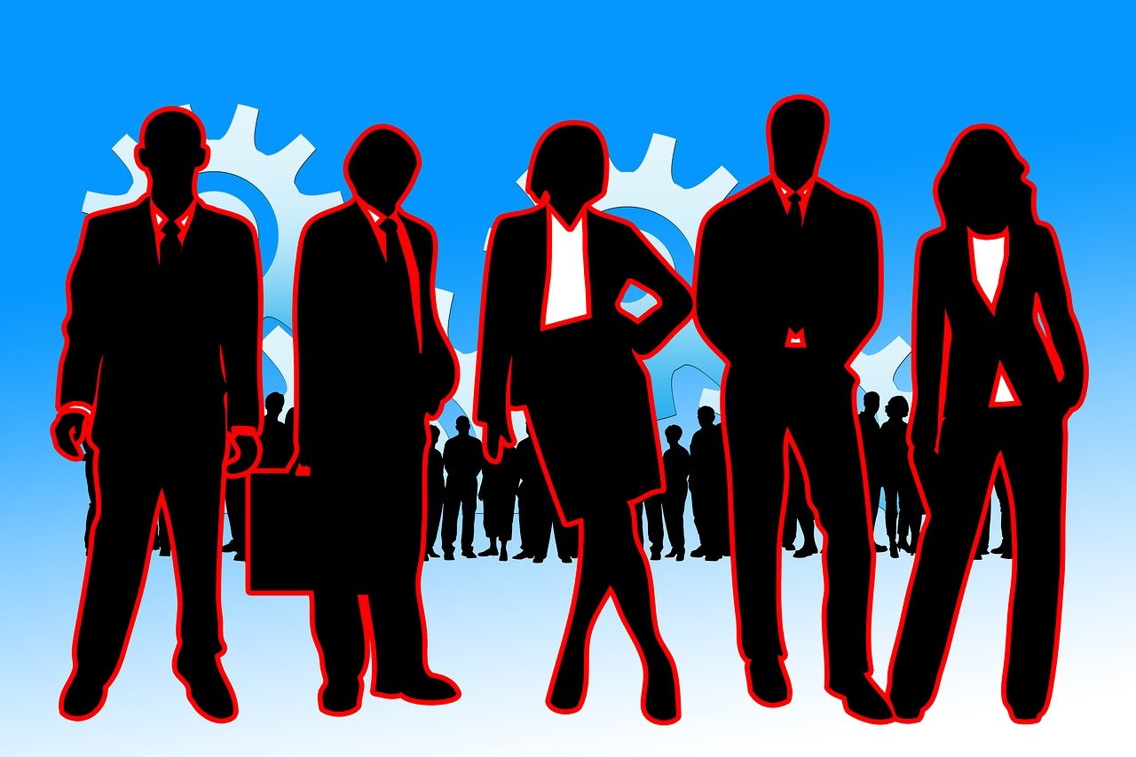 a group of people standing next to each other, trending on pixabay, constructivism, suits, blue print, silhoutte, high detailled