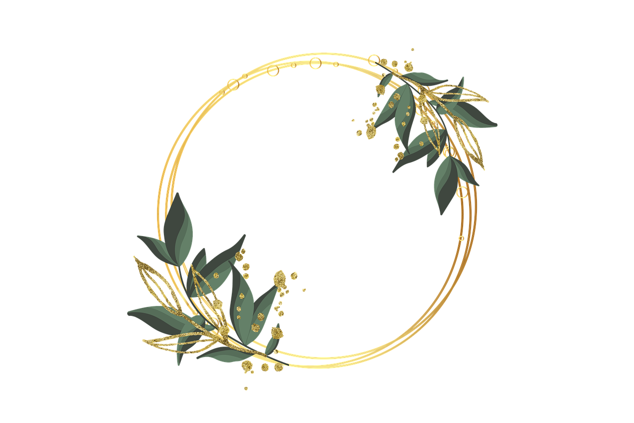 a gold wreath with leaves and berries on a black background, digital art, green jewelry, round shapes, flower frame, gold and black metal