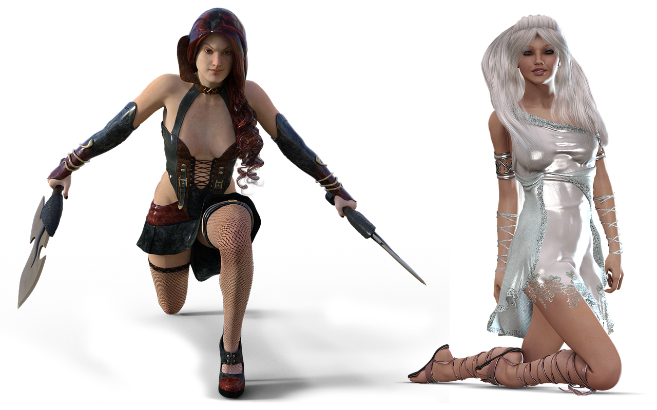 a couple of women standing next to each other, a 3D render, inspired by senior character artist, fantasy art, floggers, katarina, a sexy blonde warrior, dollpunk